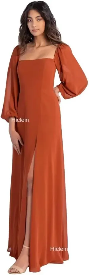 Women's Square Neck Bridesmaid Dresses Long Sleeve for Wedding with Slit A Line Chiffon Flowy Formal Party Dress