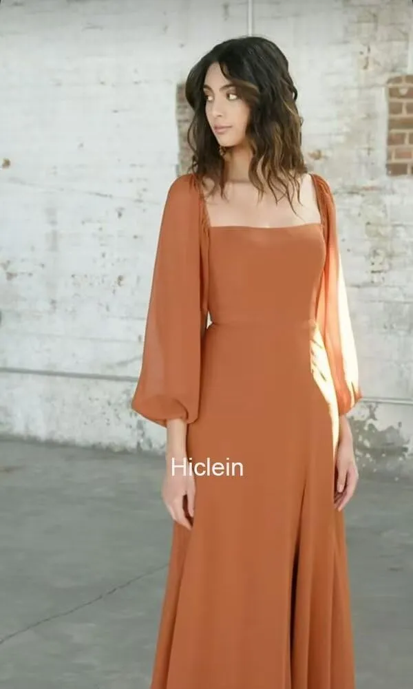 Women's Square Neck Bridesmaid Dresses Long Sleeve for Wedding with Slit A Line Chiffon Flowy Formal Party Dress
