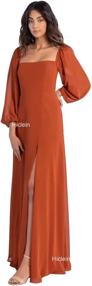 Women's Square Neck Bridesmaid Dresses Long Sleeve for Wedding with Slit A Line Chiffon Flowy Formal Party Dress
