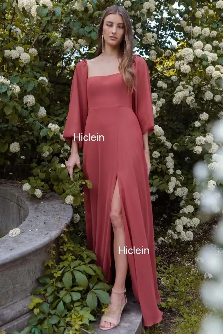 Women's Square Neck Bridesmaid Dresses Long Sleeve for Wedding with Slit A Line Chiffon Flowy Formal Party Dress