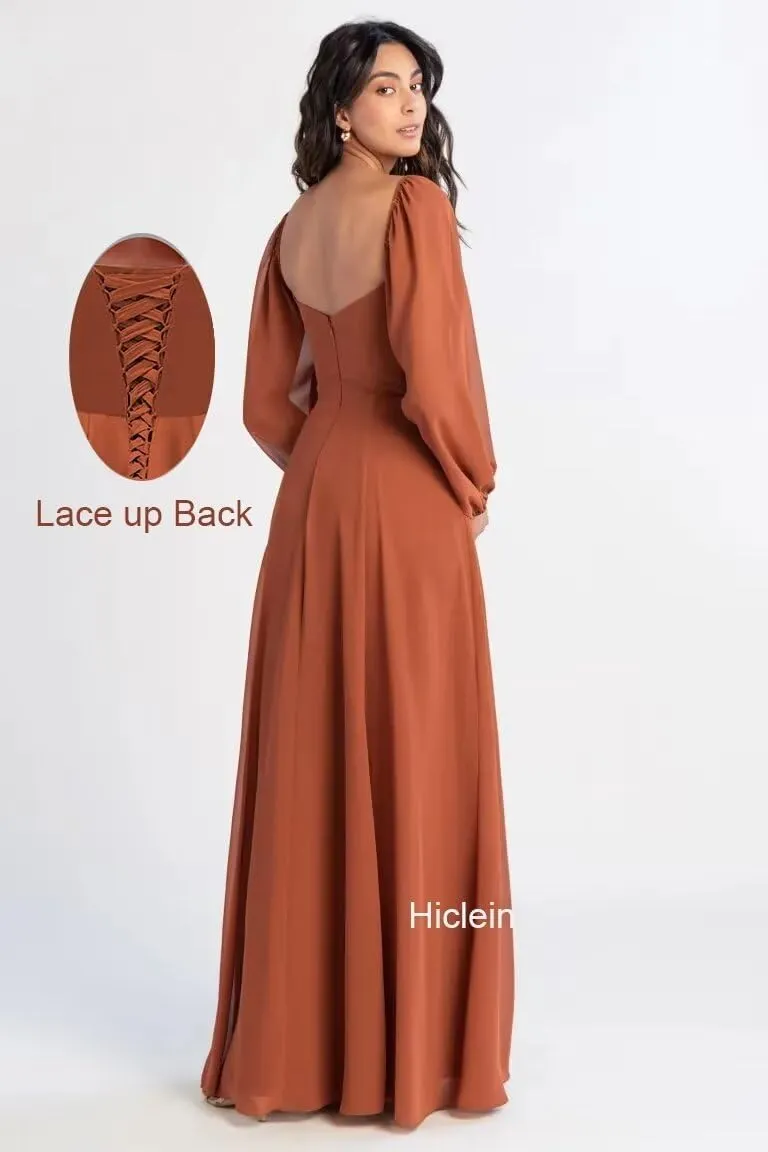 Women's Square Neck Bridesmaid Dresses Long Sleeve for Wedding with Slit A Line Chiffon Flowy Formal Party Dress