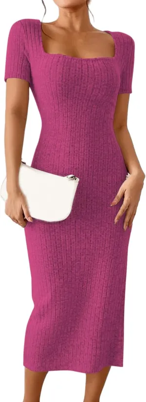 Womens Summer Bodycon Sundress Casual Short Sleeve Square Neck Midi Dresses Ribbed Knit Side Slit Beach Vacation Dress