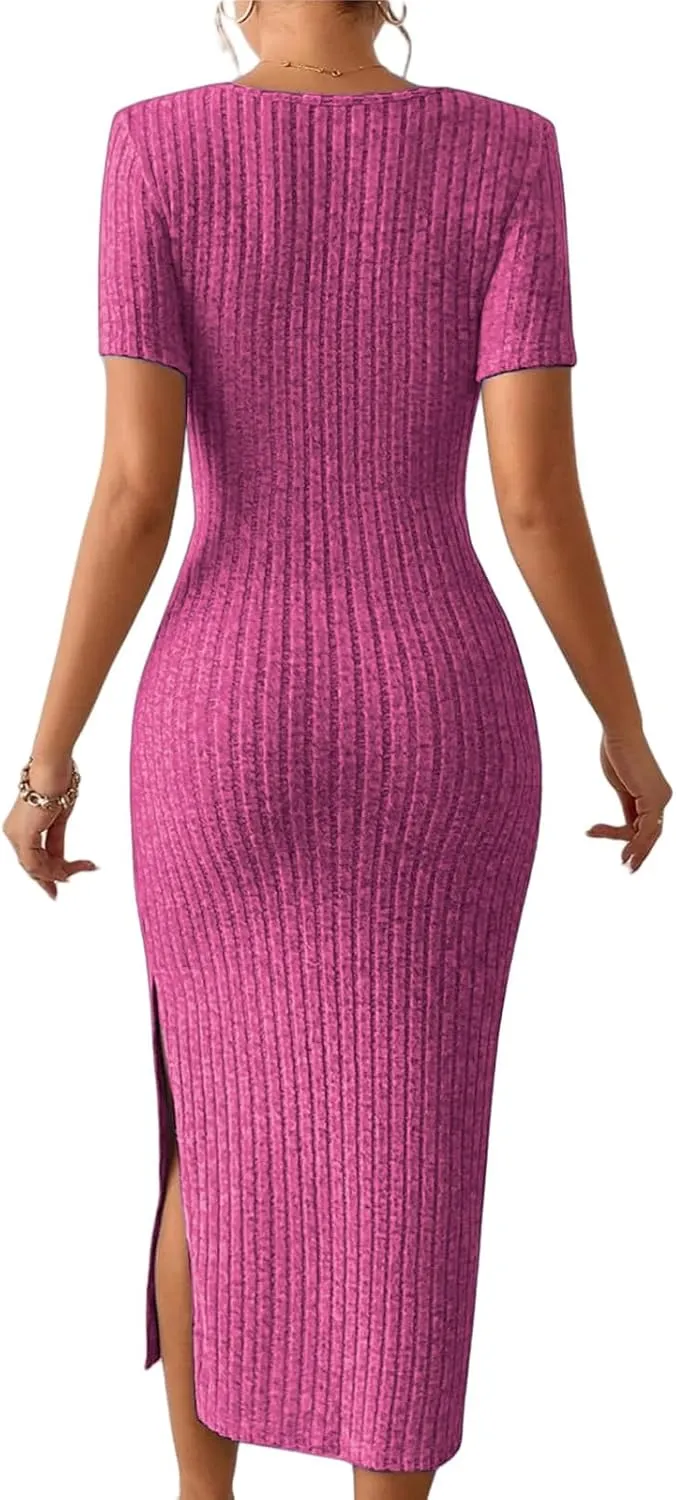 Womens Summer Bodycon Sundress Casual Short Sleeve Square Neck Midi Dresses Ribbed Knit Side Slit Beach Vacation Dress