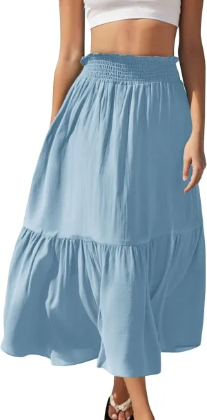Womens Summer Boho Flowy Swing Tiered A-Line Maxi Skirt 2025 Fashion Trendy Elastic Waist Pleated Long Beach Dress