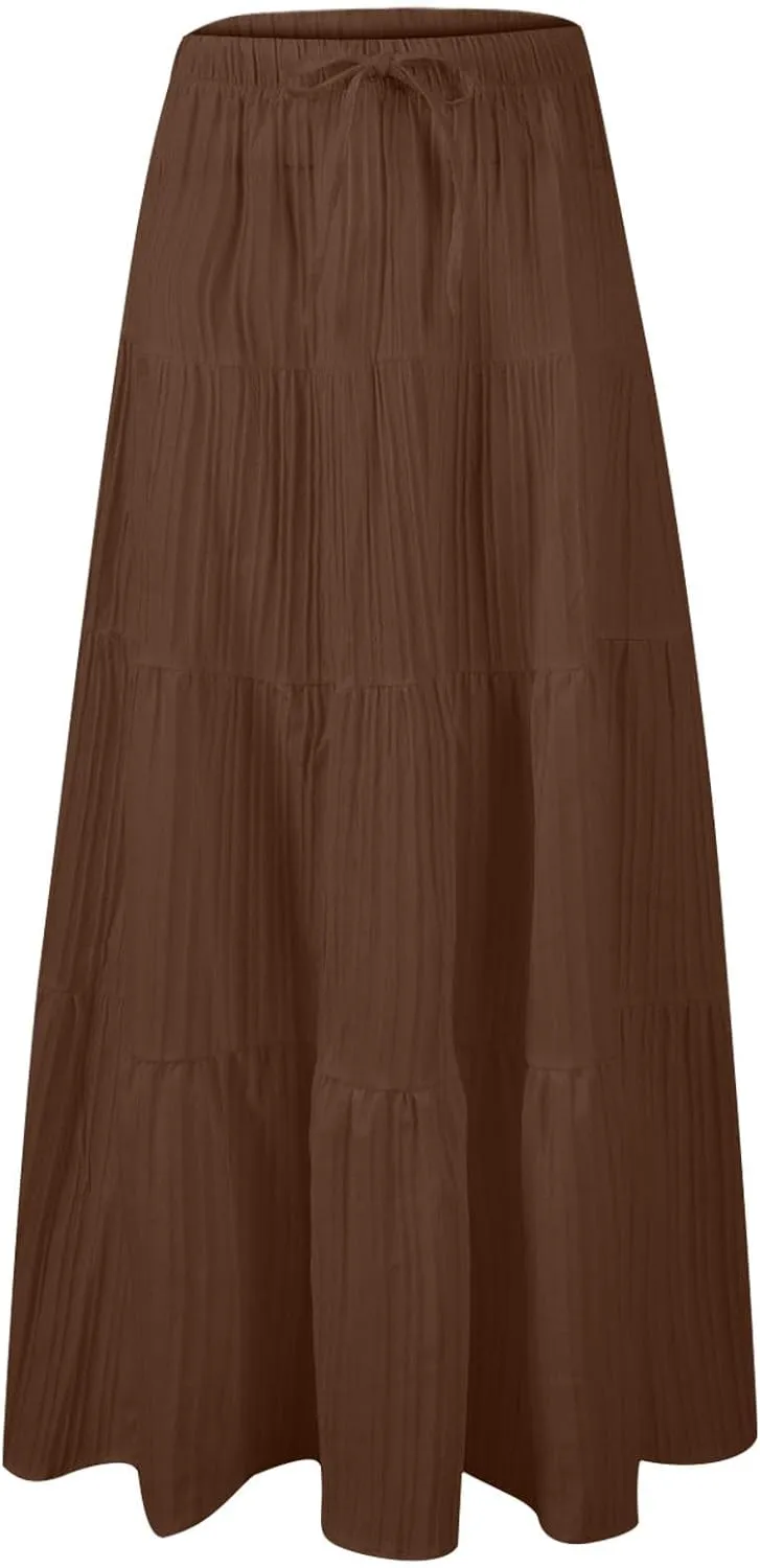 Womens Summer Boho Flowy Swing Tiered A-Line Maxi Skirt 2025 Fashion Trendy Elastic Waist Pleated Long Beach Dress