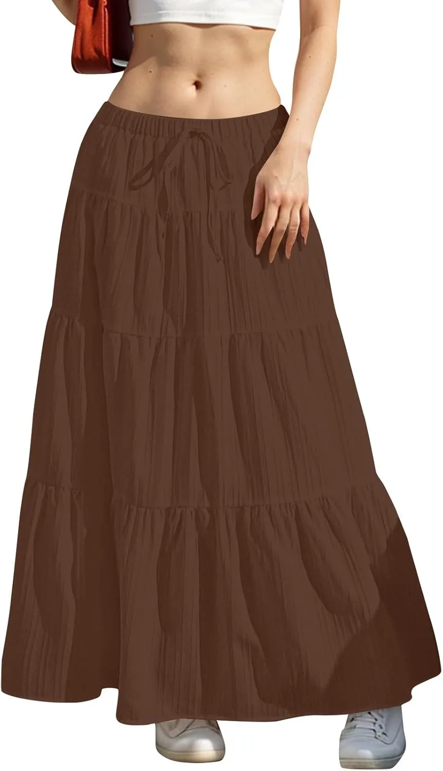 Womens Summer Boho Flowy Swing Tiered A-Line Maxi Skirt 2025 Fashion Trendy Elastic Waist Pleated Long Beach Dress