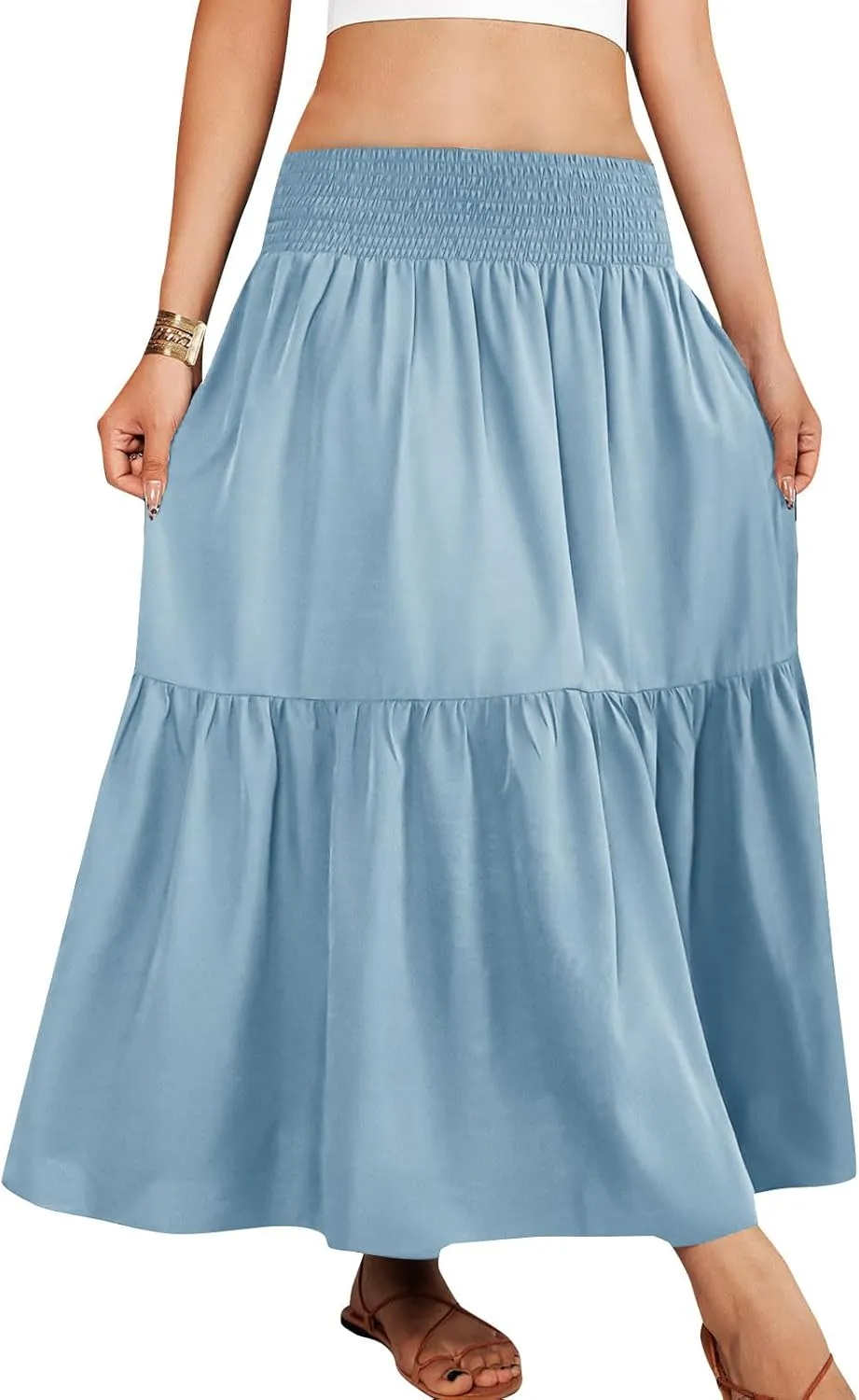 Womens Summer Boho Flowy Swing Tiered A-Line Maxi Skirt 2025 Fashion Trendy Elastic Waist Pleated Long Beach Dress