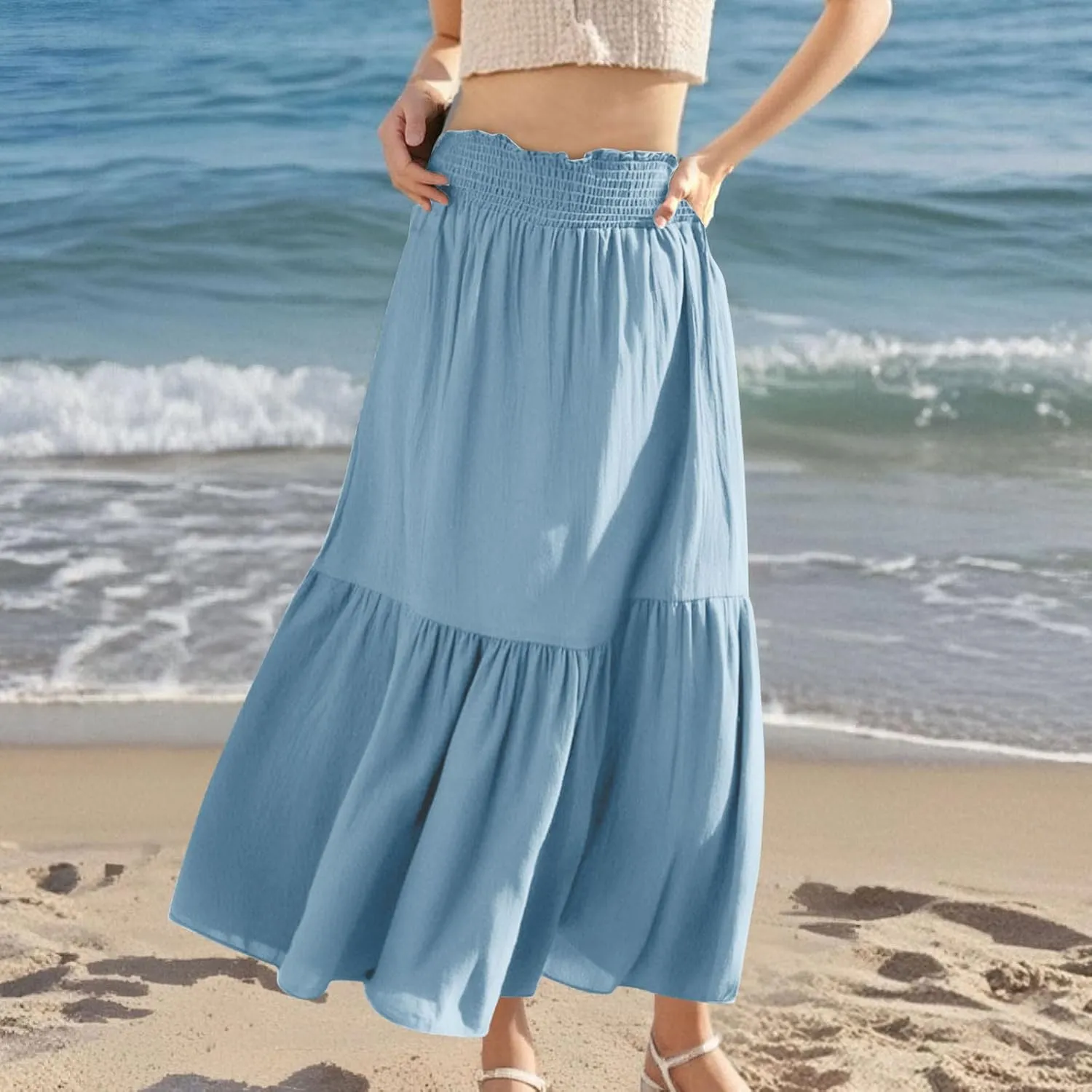 Womens Summer Boho Flowy Swing Tiered A-Line Maxi Skirt 2025 Fashion Trendy Elastic Waist Pleated Long Beach Dress