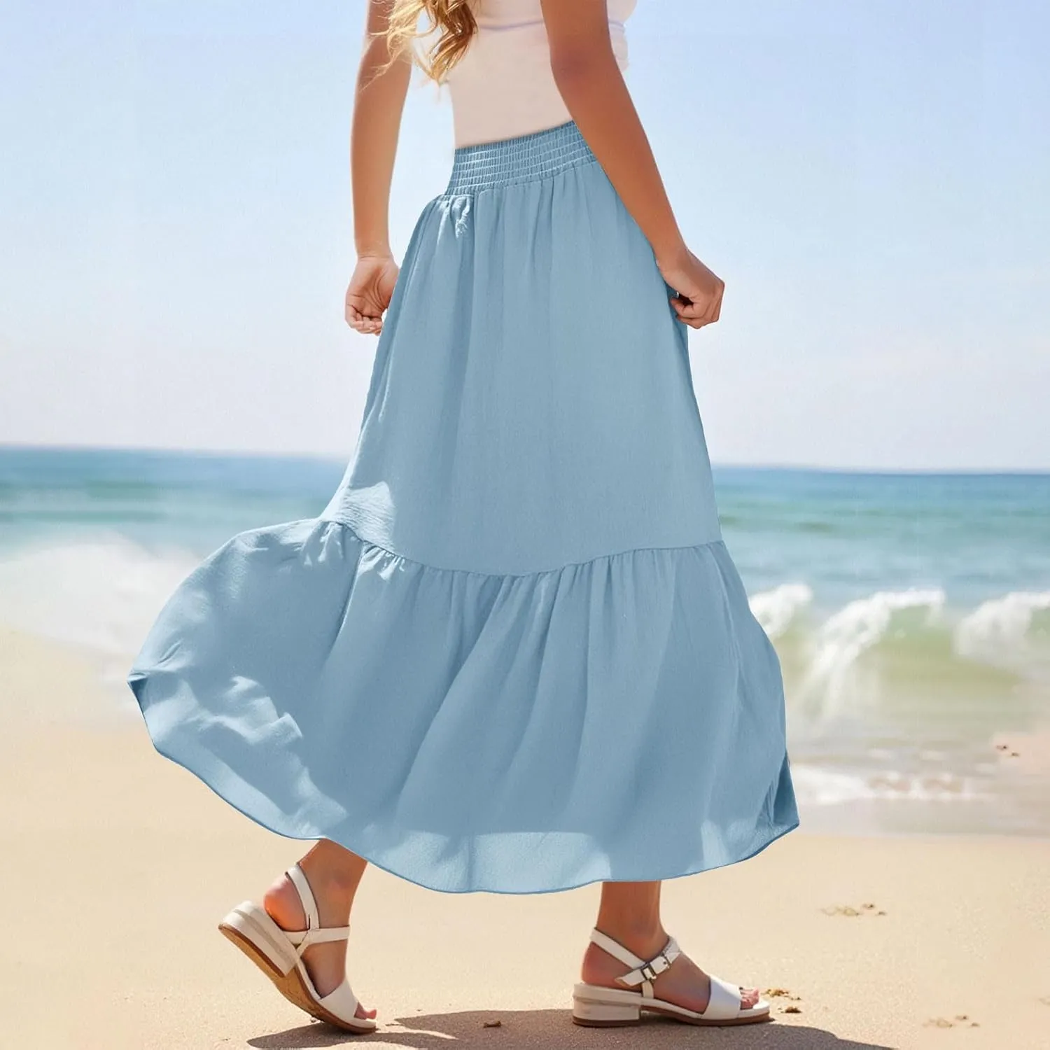 Womens Summer Boho Flowy Swing Tiered A-Line Maxi Skirt 2025 Fashion Trendy Elastic Waist Pleated Long Beach Dress