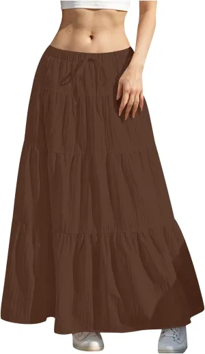 Womens Summer Boho Flowy Swing Tiered A-Line Maxi Skirt 2025 Fashion Trendy Elastic Waist Pleated Long Beach Dress