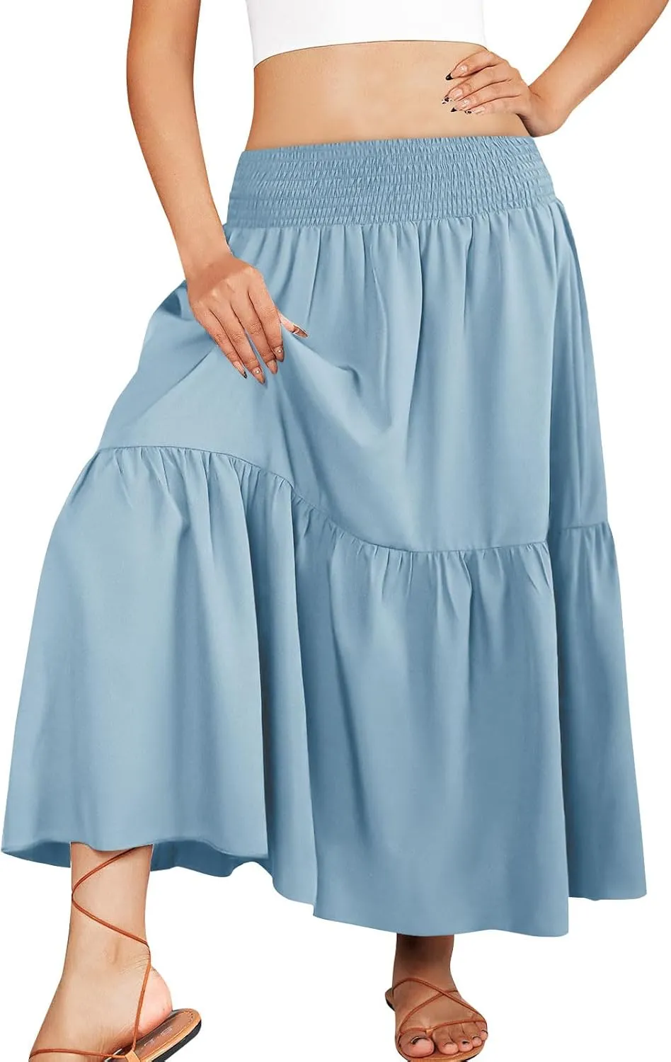 Womens Summer Boho Flowy Swing Tiered A-Line Maxi Skirt 2025 Fashion Trendy Elastic Waist Pleated Long Beach Dress
