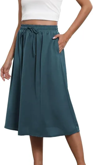 Womens Summer Boho Flowy Swing Tiered A-Line Midi Skirt Fashion Trendy Elastic Waist Pleated Long Beach Dress