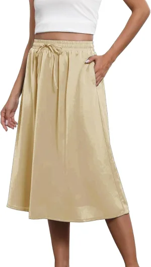 Womens Summer Boho Flowy Swing Tiered A-Line Midi Skirt Fashion Trendy Elastic Waist Pleated Long Beach Dress
