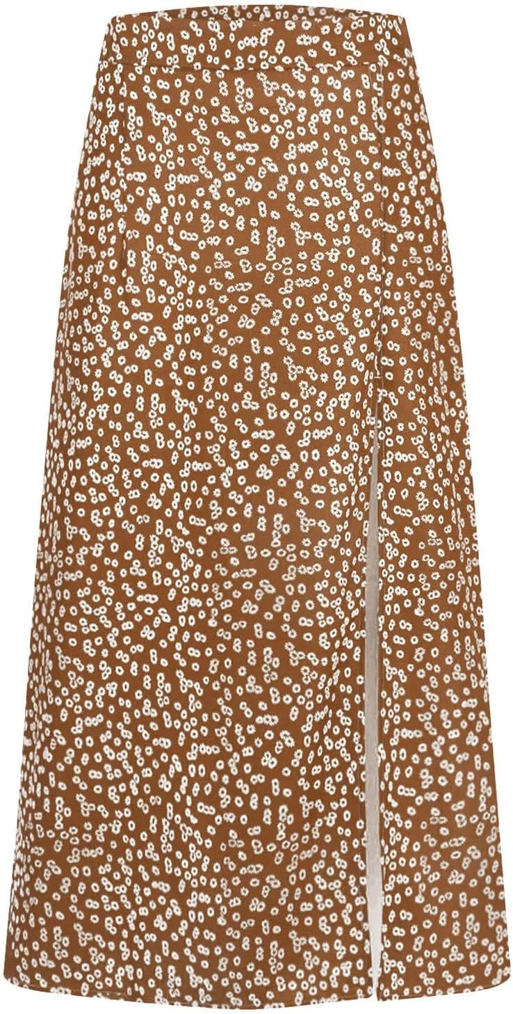 Women's Summer Casual Loose Trendy Elastic High Waist Floral Print Bohemian Split Sun Beach Midi Skirts, S-3XL