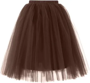 Women's Summer Casual Loose Trendy Elastic High Waist Solid Color Fluffy Mesh Party Flowy A-Line Latin Skirts, M-XL