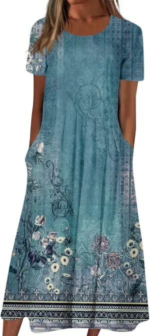Women's Summer Casual Loose Trendy Short Sleeve Round Neck Solid Vintage Floral Printed Vacation Maxi Dress, S-3XL