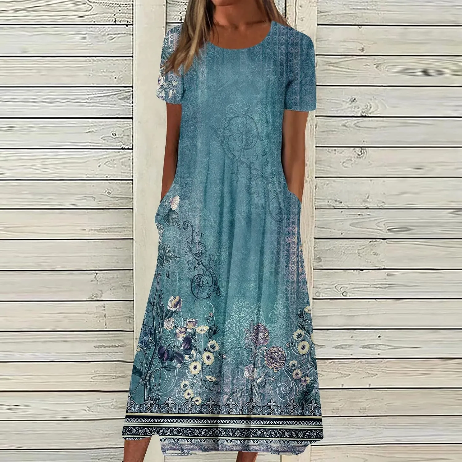 Women's Summer Casual Loose Trendy Short Sleeve Round Neck Solid Vintage Floral Printed Vacation Maxi Dress, S-3XL