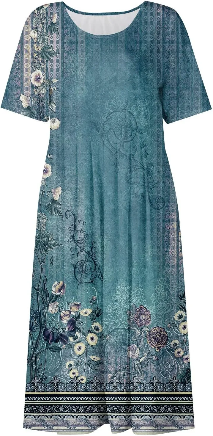 Women's Summer Casual Loose Trendy Short Sleeve Round Neck Solid Vintage Floral Printed Vacation Maxi Dress, S-3XL
