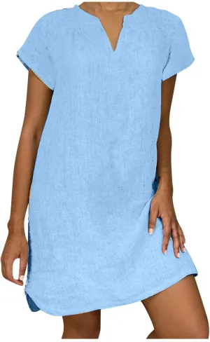 Womens Summer Cotton Linen Dresses Plus Size Casual V Neck Short Sleeve Midi Dress Floral Embroidery Shirt Dress