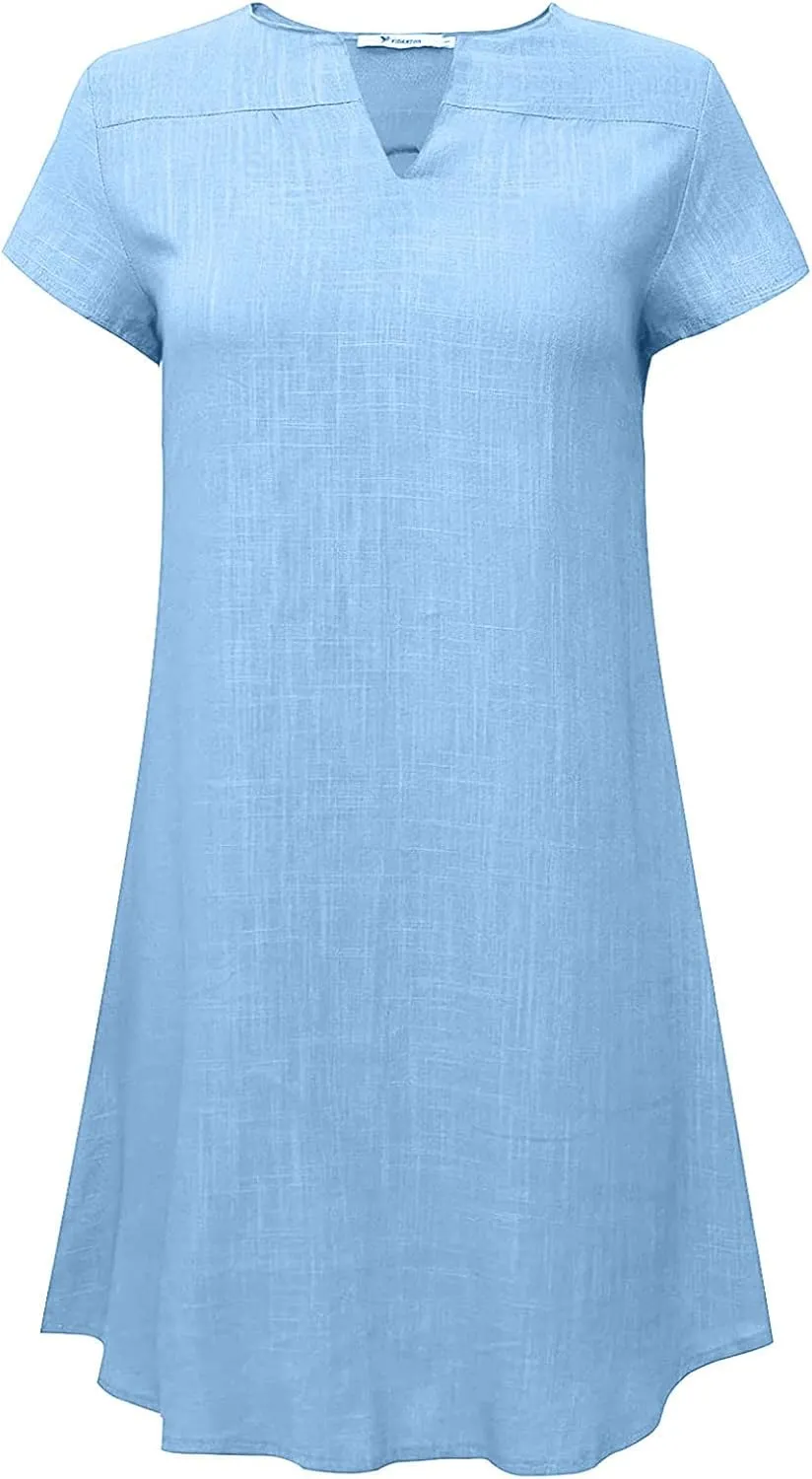 Womens Summer Cotton Linen Dresses Plus Size Casual V Neck Short Sleeve Midi Dress Floral Embroidery Shirt Dress
