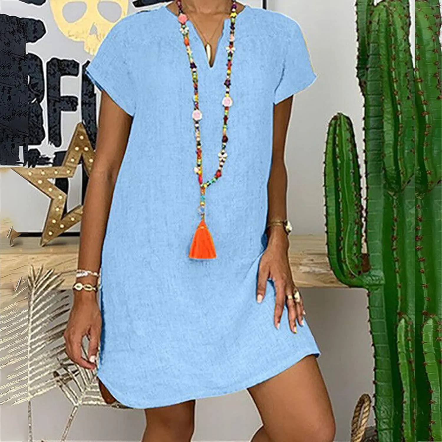 Womens Summer Cotton Linen Dresses Plus Size Casual V Neck Short Sleeve Midi Dress Floral Embroidery Shirt Dress