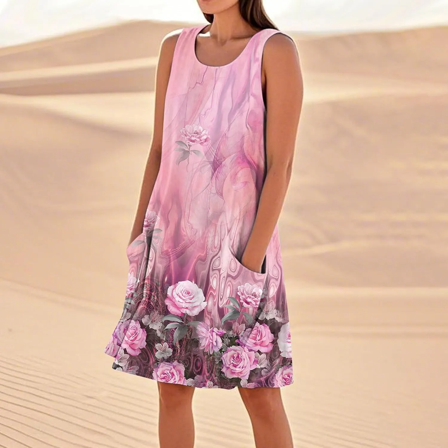 Women's Summer Cotton Linen Midi Dress Sleeveless U-Neck Printed Dresses Plus Size Loose Comfy Dress with Pocket