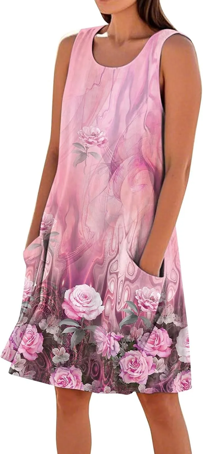 Women's Summer Cotton Linen Midi Dress Sleeveless U-Neck Printed Dresses Plus Size Loose Comfy Dress with Pocket