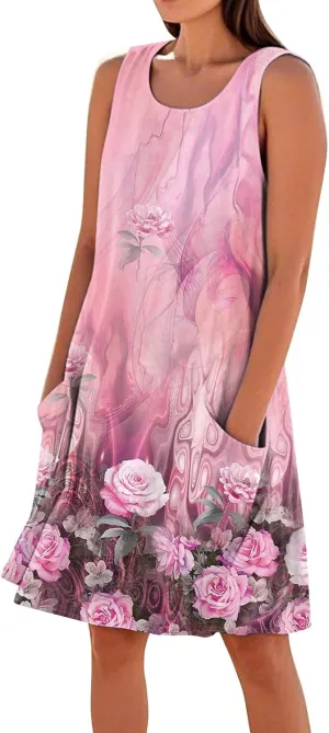 Women's Summer Cotton Linen Midi Dress Sleeveless U-Neck Printed Dresses Plus Size Loose Comfy Dress with Pocket