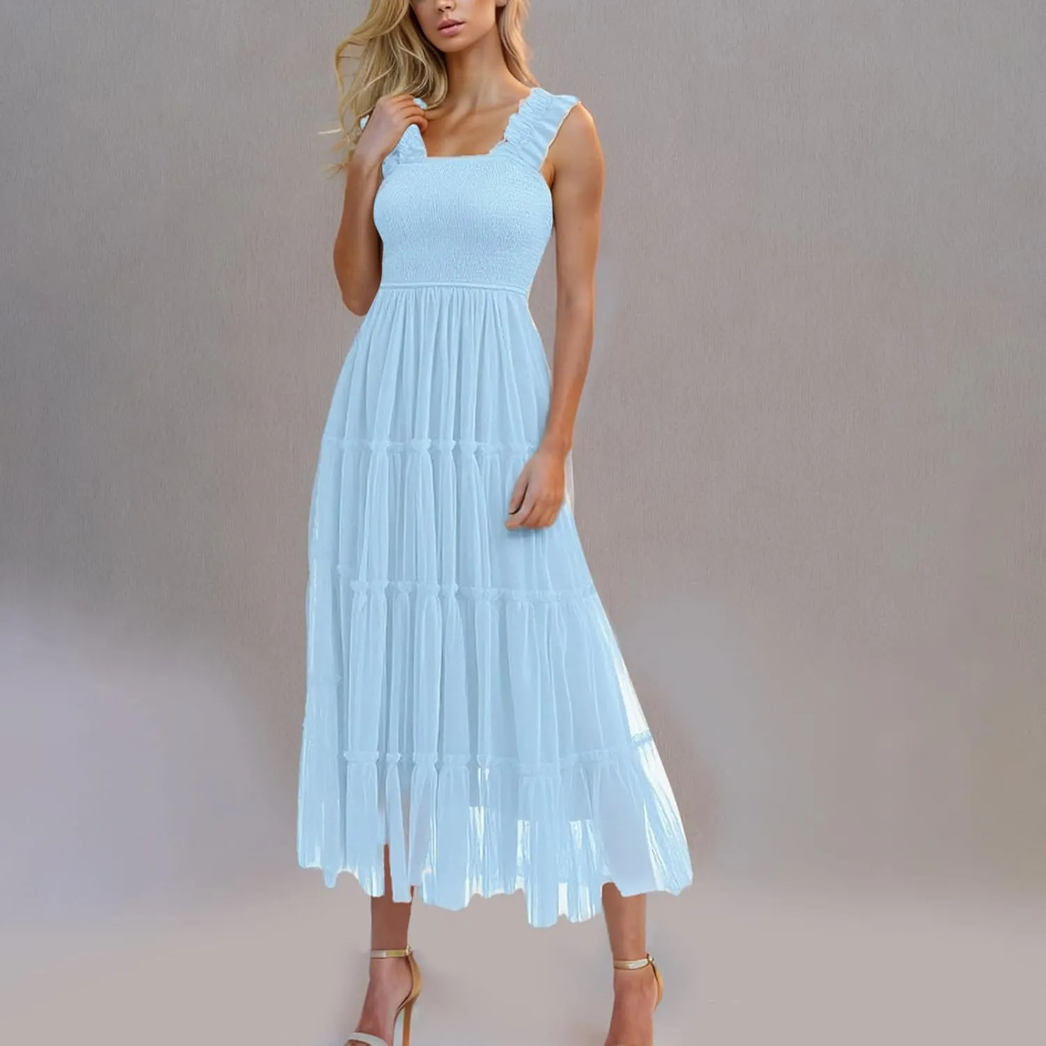 Women's Summer Dress Midi Tulle Dress Sleeveless Smocked Square Neck Ruffle Flowy Party Wedding Guest Sundress 2025