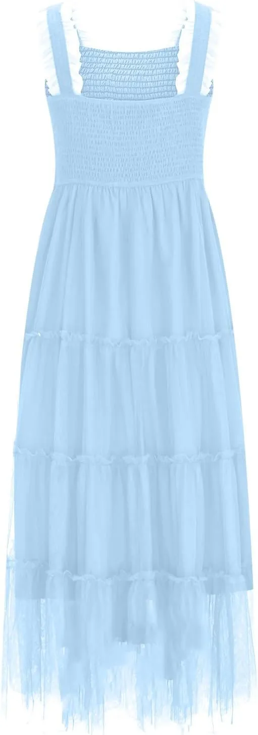 Women's Summer Dress Midi Tulle Dress Sleeveless Smocked Square Neck Ruffle Flowy Party Wedding Guest Sundress 2025
