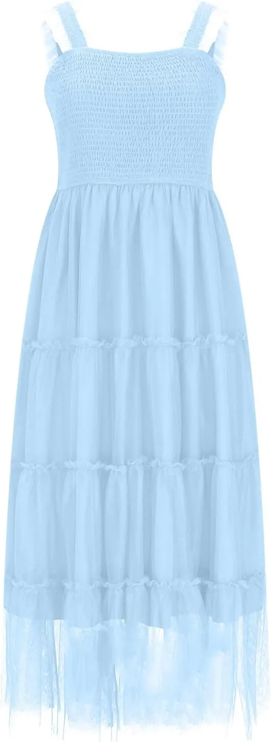 Women's Summer Dress Midi Tulle Dress Sleeveless Smocked Square Neck Ruffle Flowy Party Wedding Guest Sundress 2025