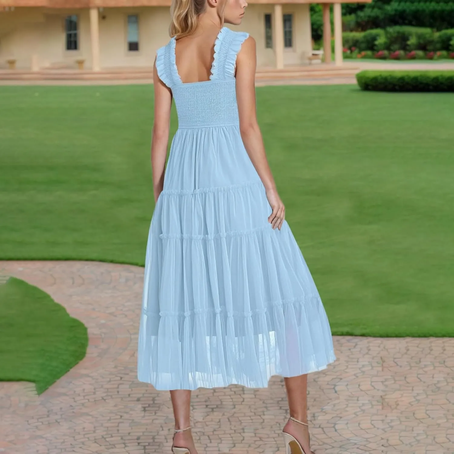Women's Summer Dress Midi Tulle Dress Sleeveless Smocked Square Neck Ruffle Flowy Party Wedding Guest Sundress 2025