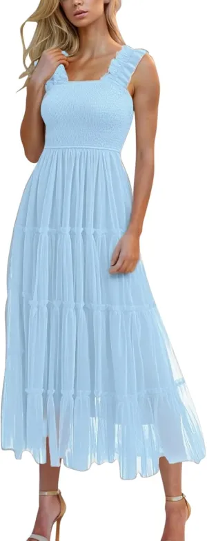 Women's Summer Dress Midi Tulle Dress Sleeveless Smocked Square Neck Ruffle Flowy Party Wedding Guest Sundress 2025
