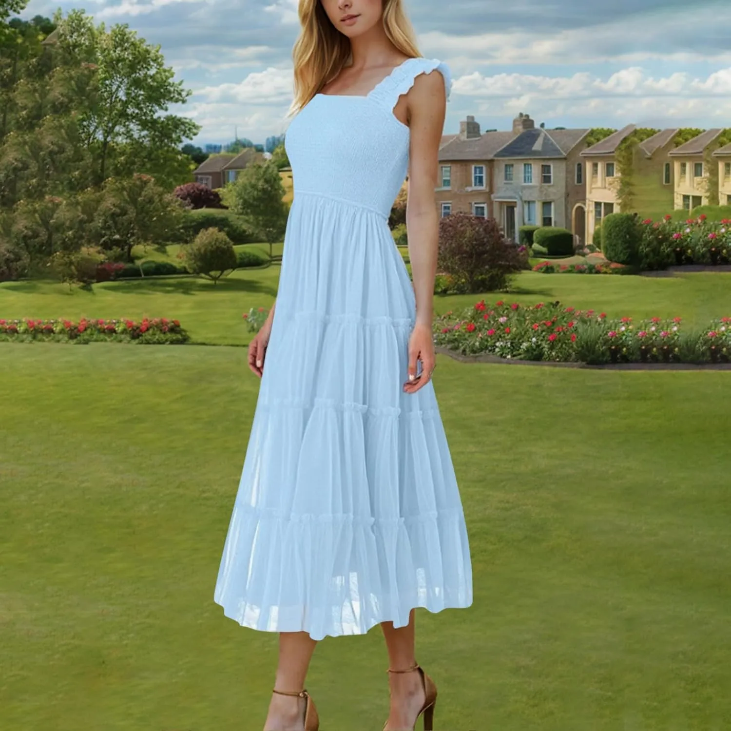 Women's Summer Dress Midi Tulle Dress Sleeveless Smocked Square Neck Ruffle Flowy Party Wedding Guest Sundress 2025