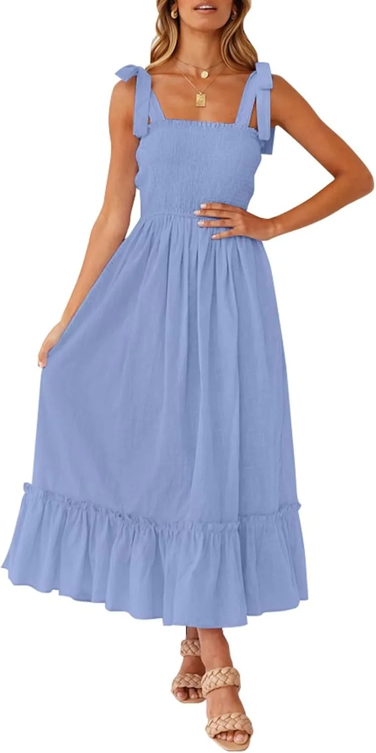 Womens Summer Dresses 2024 Boho Spaghetti Strap Square Neck Maxi Dress Flowy Ruffle Tiered A Line Beach Sundress with Pockets