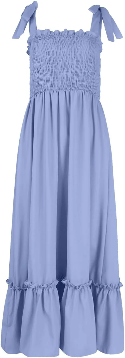 Womens Summer Dresses 2024 Boho Spaghetti Strap Square Neck Maxi Dress Flowy Ruffle Tiered A Line Beach Sundress with Pockets