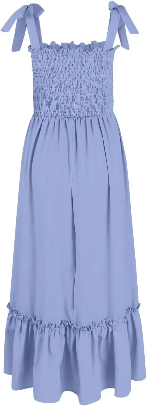 Womens Summer Dresses 2024 Boho Spaghetti Strap Square Neck Maxi Dress Flowy Ruffle Tiered A Line Beach Sundress with Pockets