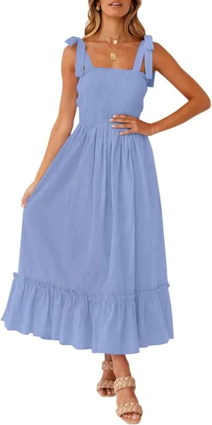 Womens Summer Dresses 2024 Boho Spaghetti Strap Square Neck Maxi Dress Flowy Ruffle Tiered A Line Beach Sundress with Pockets