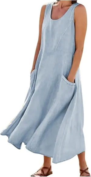 Womens Summer Dresses 2024 Casual Floral Print Boho Beach Sundress O Neck Sleeveless Loose Maxi Dress with Pockets