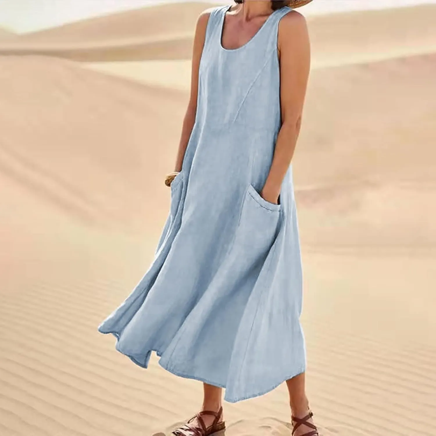 Womens Summer Dresses 2024 Casual Floral Print Boho Beach Sundress O Neck Sleeveless Loose Maxi Dress with Pockets