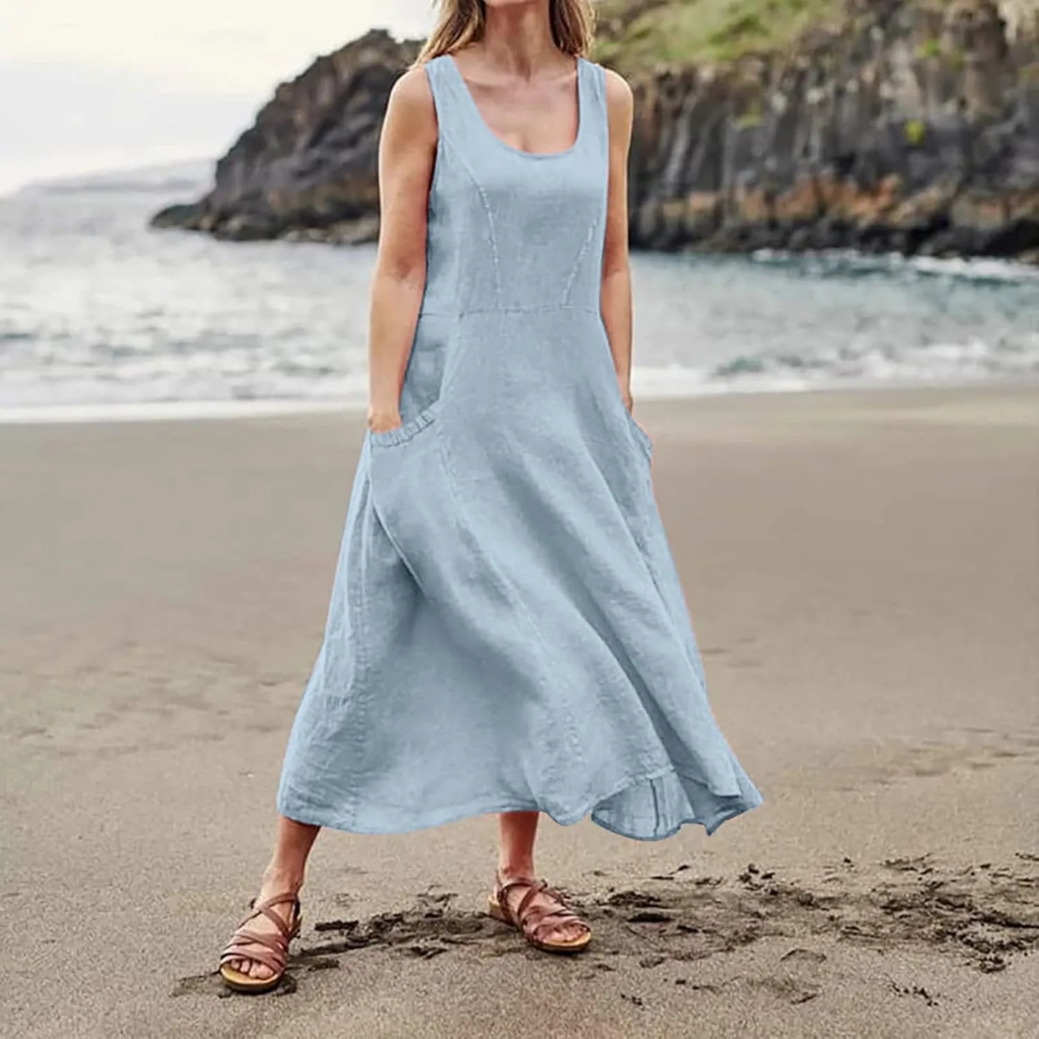 Womens Summer Dresses 2024 Casual Floral Print Boho Beach Sundress O Neck Sleeveless Loose Maxi Dress with Pockets