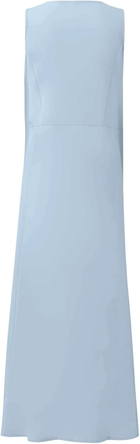 Womens Summer Dresses 2024 Casual Floral Print Boho Beach Sundress O Neck Sleeveless Loose Maxi Dress with Pockets