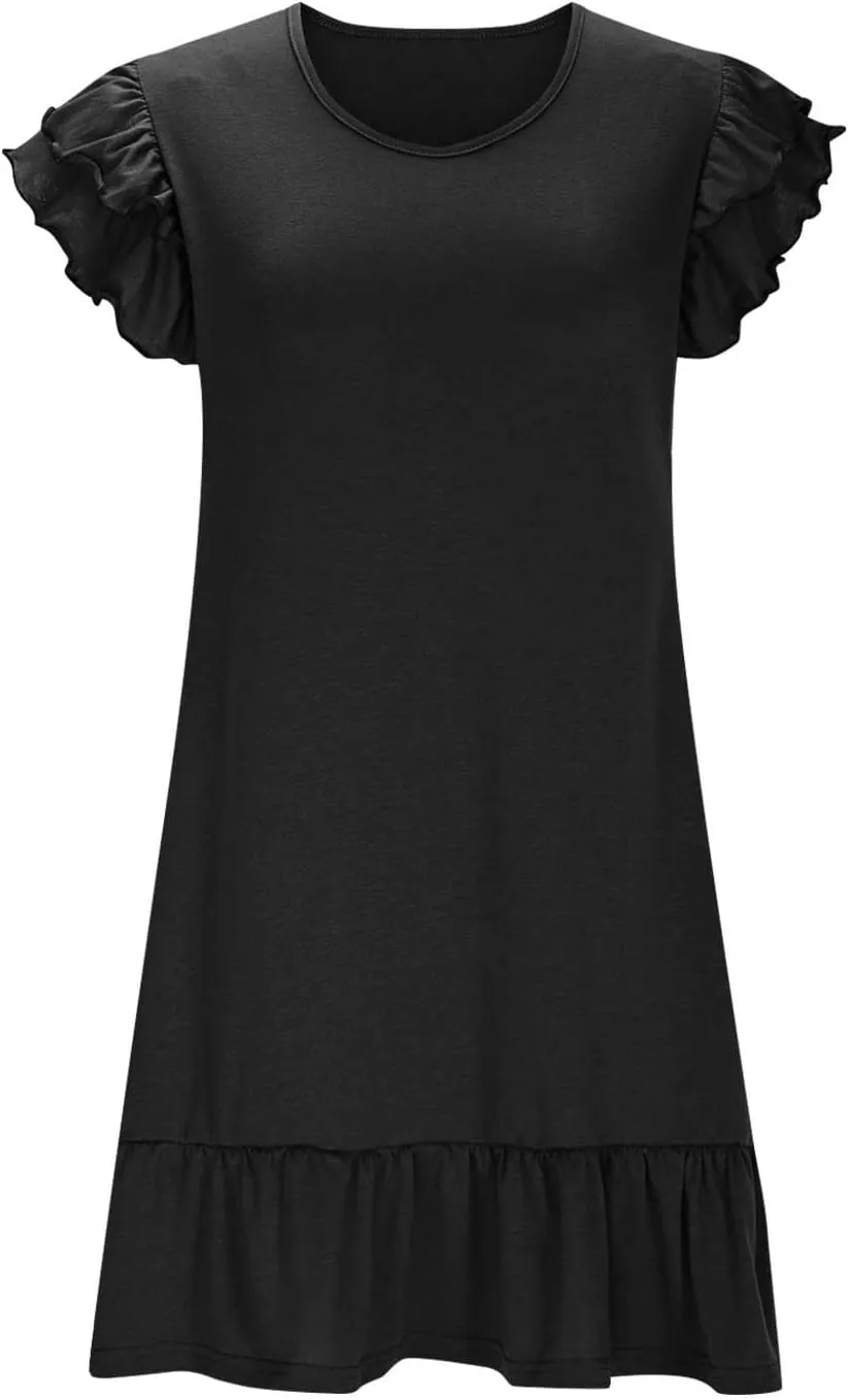 Women's Summer Dresses 2025 Ruffle Short Sleeve Smocked V Neck Casual Loose A-Line Swing Mini Dress Cocktail Sundress