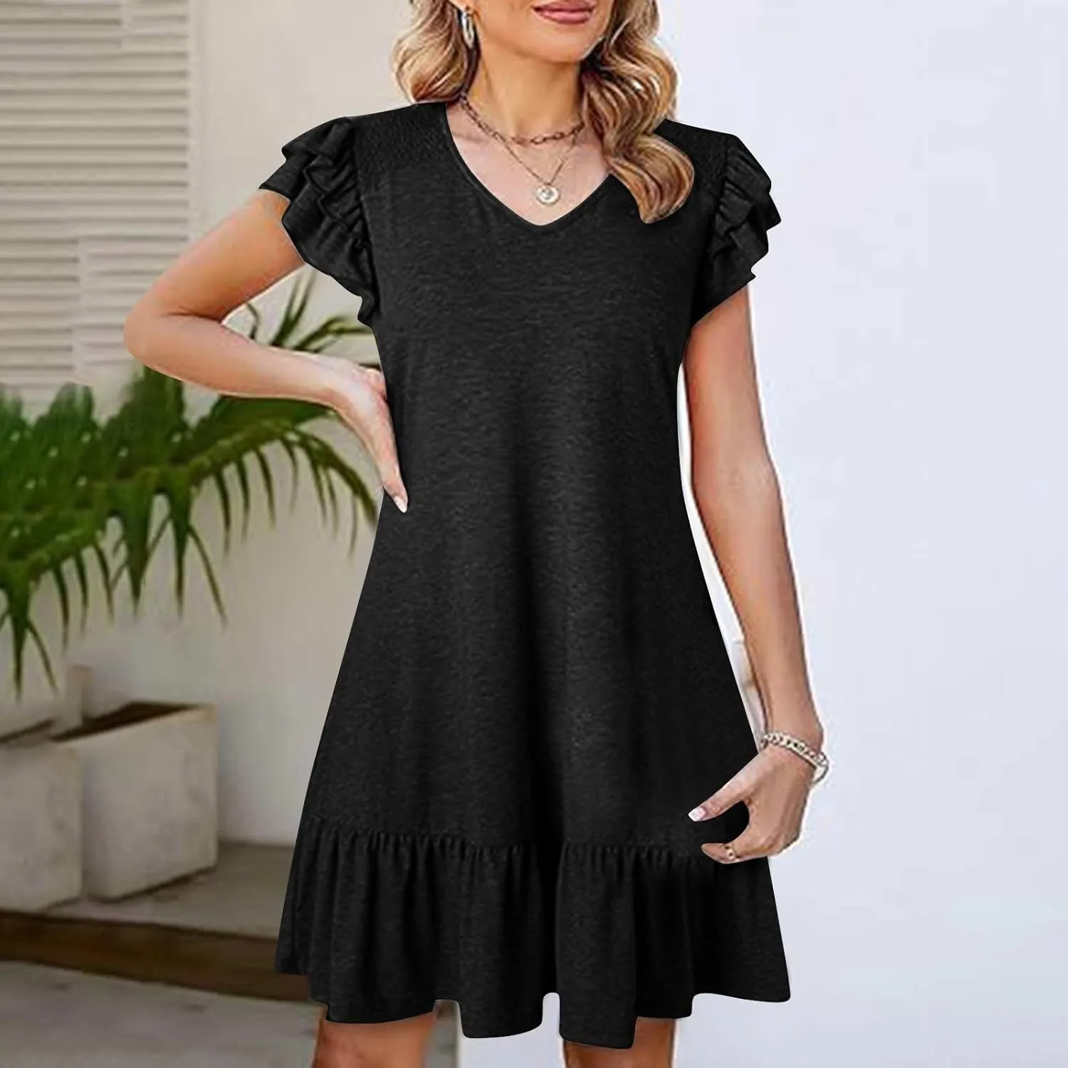 Women's Summer Dresses 2025 Ruffle Short Sleeve Smocked V Neck Casual Loose A-Line Swing Mini Dress Cocktail Sundress
