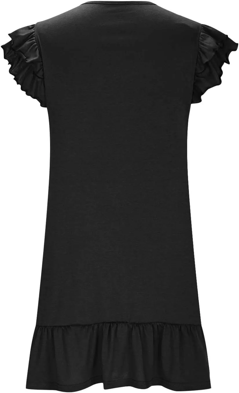 Women's Summer Dresses 2025 Ruffle Short Sleeve Smocked V Neck Casual Loose A-Line Swing Mini Dress Cocktail Sundress