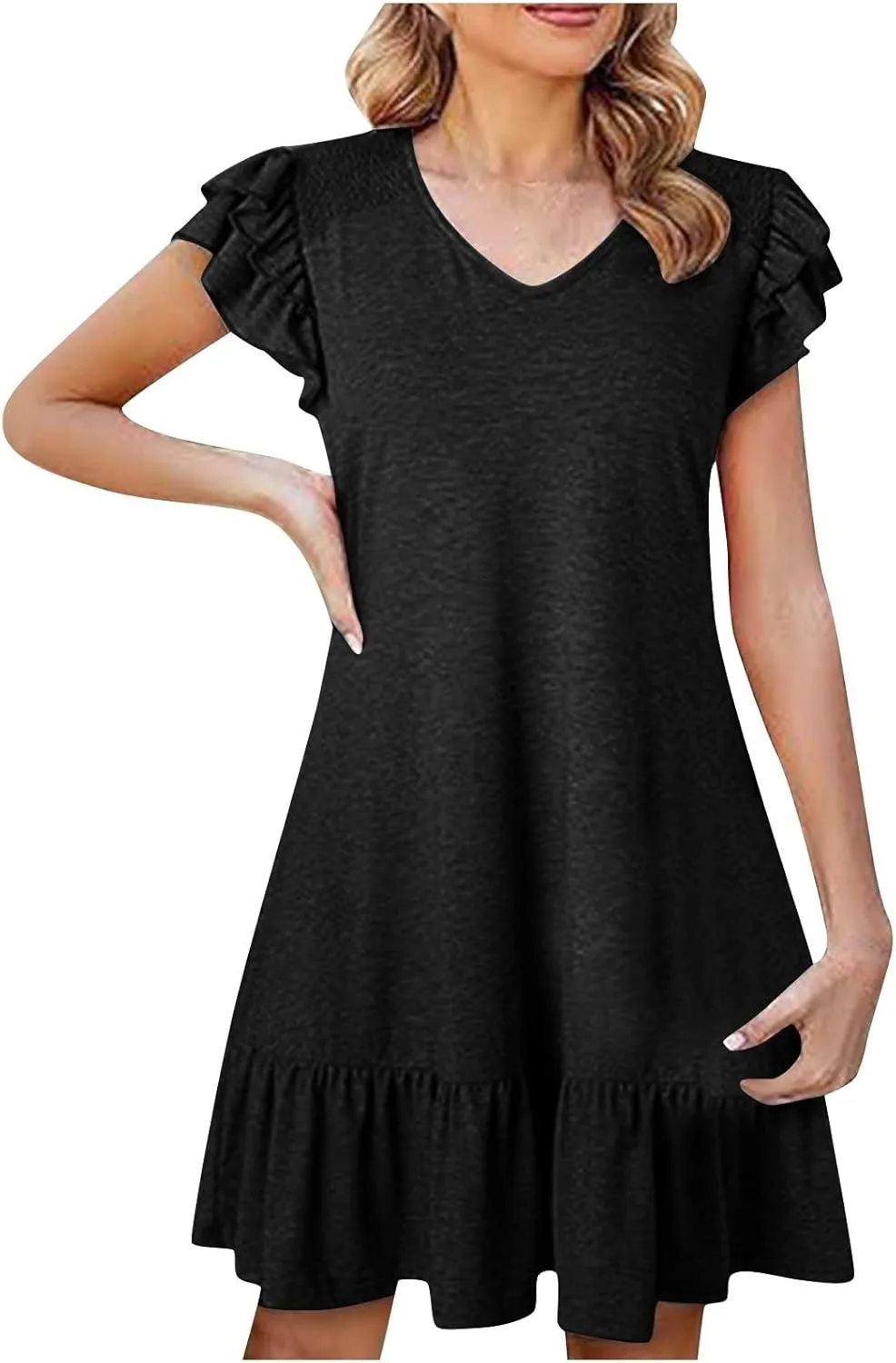 Women's Summer Dresses 2025 Ruffle Short Sleeve Smocked V Neck Casual Loose A-Line Swing Mini Dress Cocktail Sundress