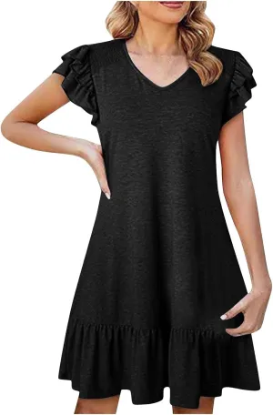 Women's Summer Dresses 2025 Ruffle Short Sleeve Smocked V Neck Casual Loose A-Line Swing Mini Dress Cocktail Sundress