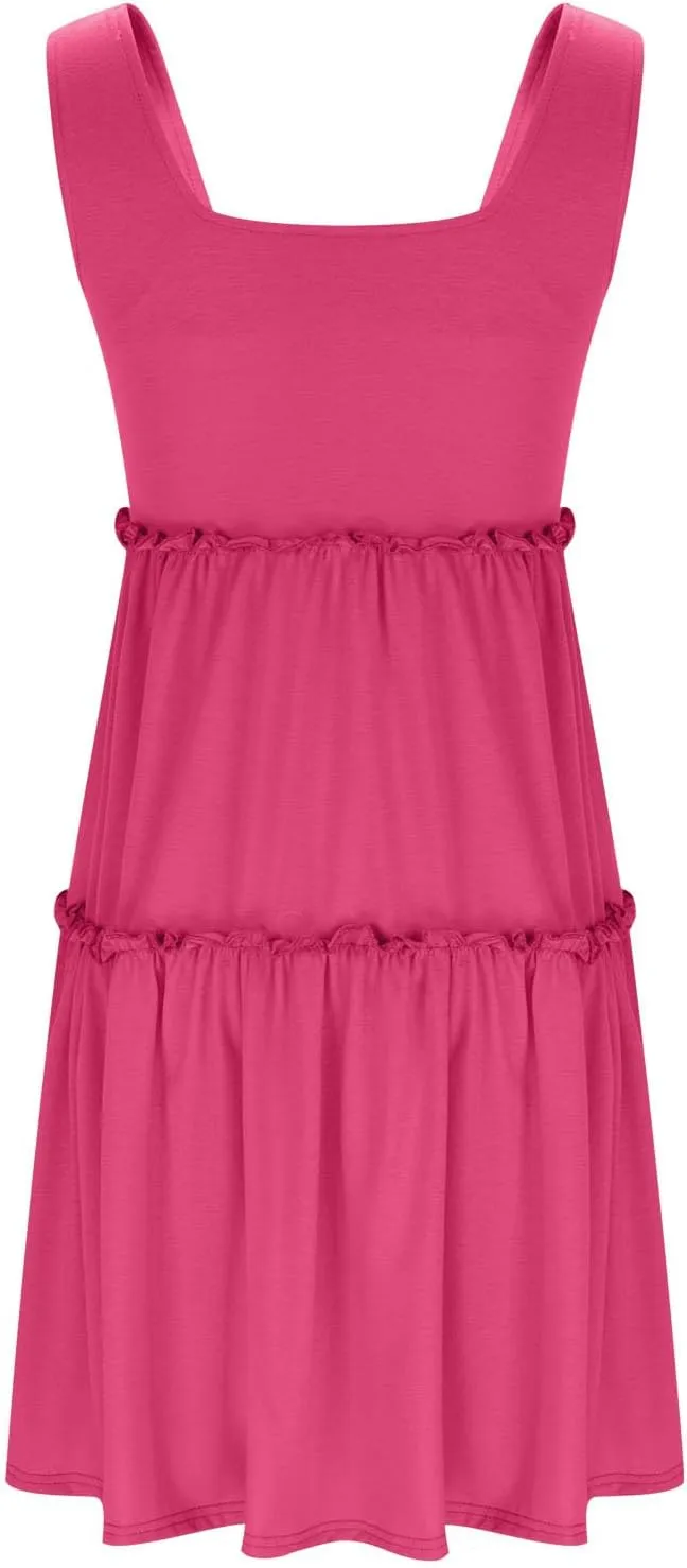 Womens Summer Dresses 2025 Sleeveless Square Neck Smocked Ruffle Tiered Casual Swing Mini Dress Beach Boho Sundress