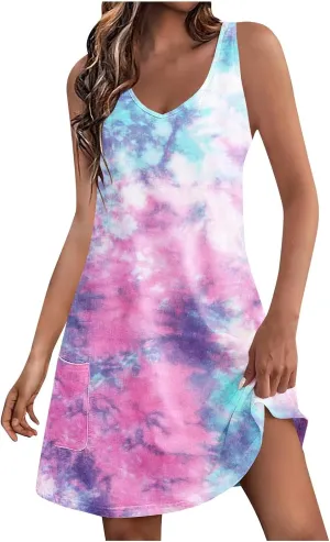 Womens Summer Dresses Beach Boho Floral Casual Loose Mini Dress Sleeveless Vacation Trendy Swimsuit Coverup Sundress