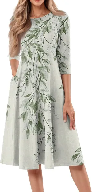 Womens Summer Dresses Beach Round Neck 3/4 Sleeve Midi Dresses A Line Dress Spring Floral Flowy Dress with Pocket
